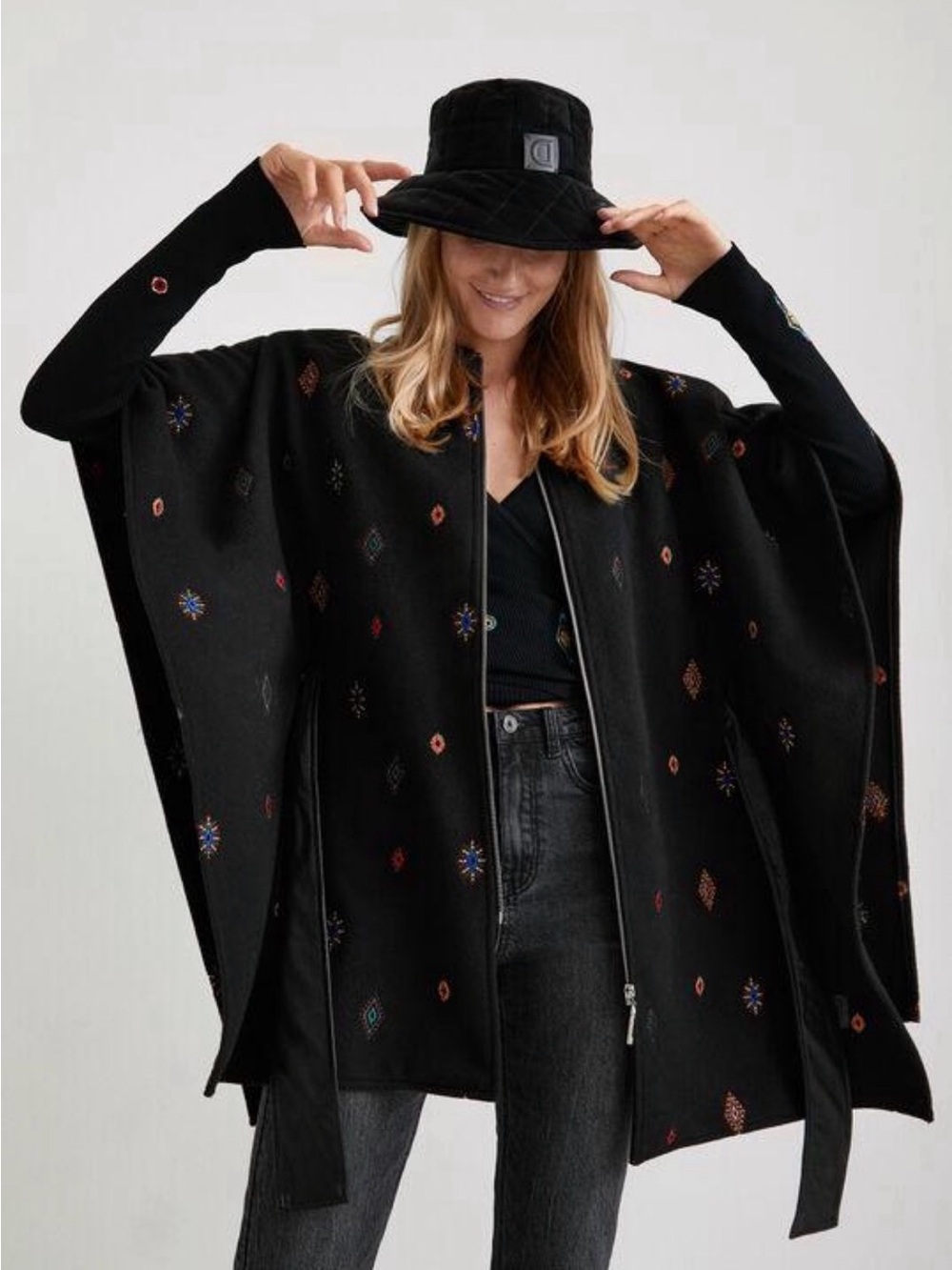 DESIGUAL Zippered Poncho with Colorful Embroidery